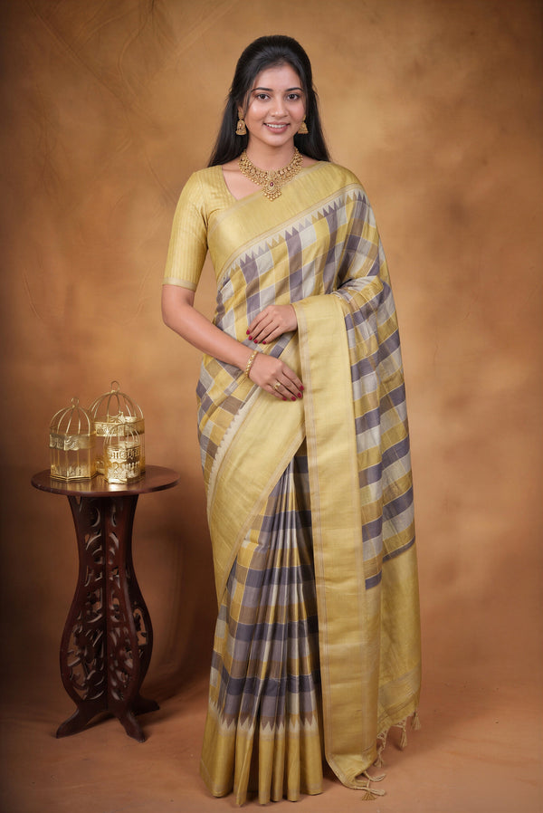 Tussar Silk Saree | Lemon Yellow with Multicolor Ikat Checkered Print | Festive & Casual Wear