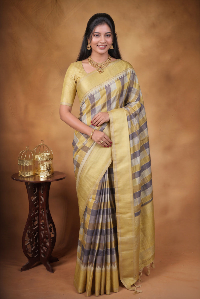 Tussar Silk Saree | Lemon Yellow with Multicolor Ikat Checkered Print | Festive & Casual Wear