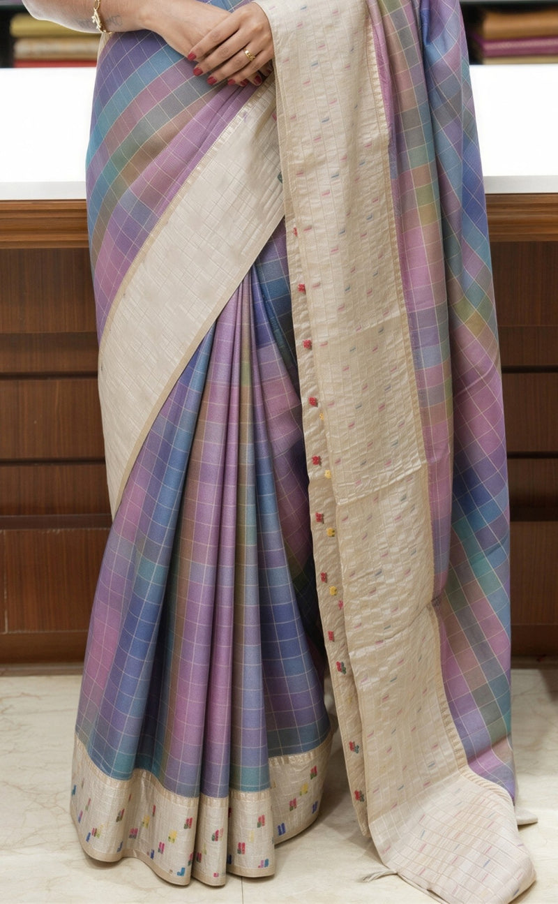 Pastel Check Tussar Saree | Cream Border with Multicolor Motifs | Contemporary Ethnic Wear