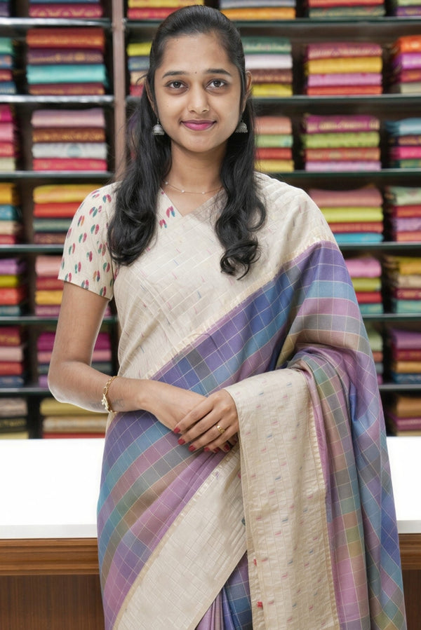 Pastel Check Tussar Saree | Cream Border with Multicolor Motifs | Contemporary Ethnic Wear