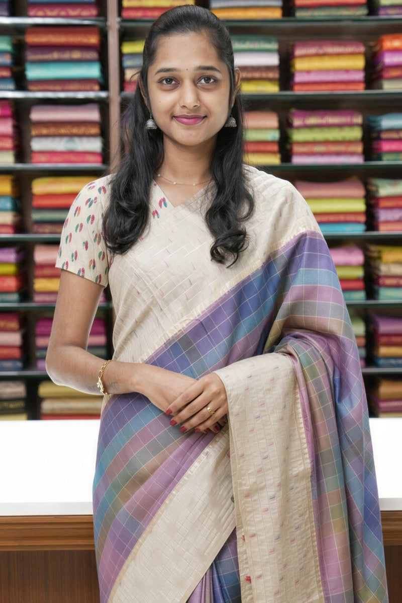 Pastel Check Tussar Saree | Cream Border with Multicolor Motifs | Contemporary Ethnic Wear
