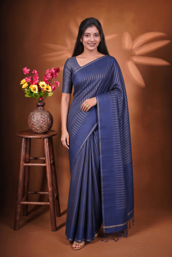 Navy Blue Semi Tussar Silk Saree | Gold Zari Stripe Design Tassel Pallu | Traditional Wear