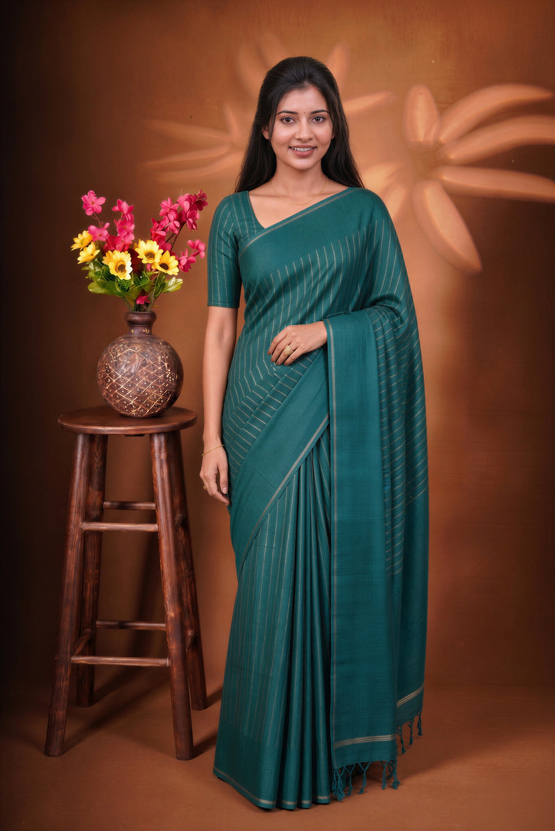 Deep Teal Green Semi Tussar Silk Saree | Diagonal Zari Stripes with Elegant Tassel Pallu | Festive Wear