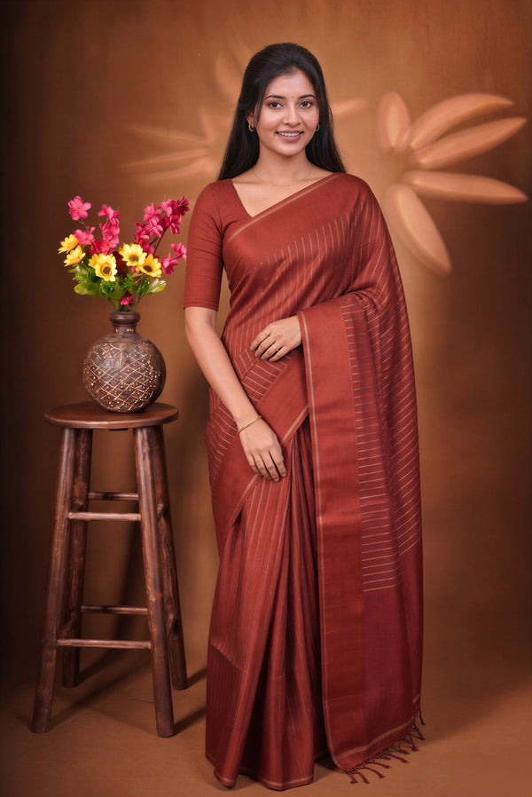 Burnt Orange Semi Tussar Silk Saree | Gold Zari Stripe Design Tassel Pallu | Traditional Wear