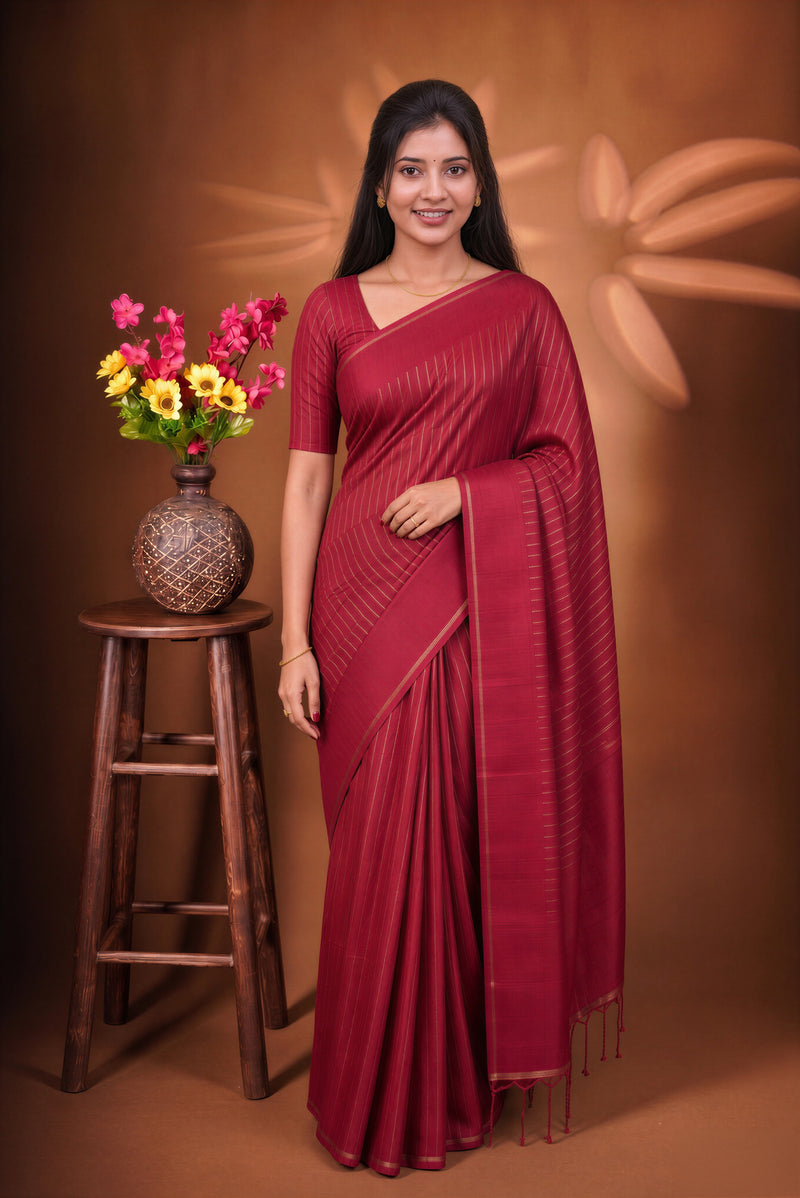 Deep Wine Semi Tussar Silk Saree | Diagonal Zari Stripes with Elegant Tassel Pallu | Festive Wear