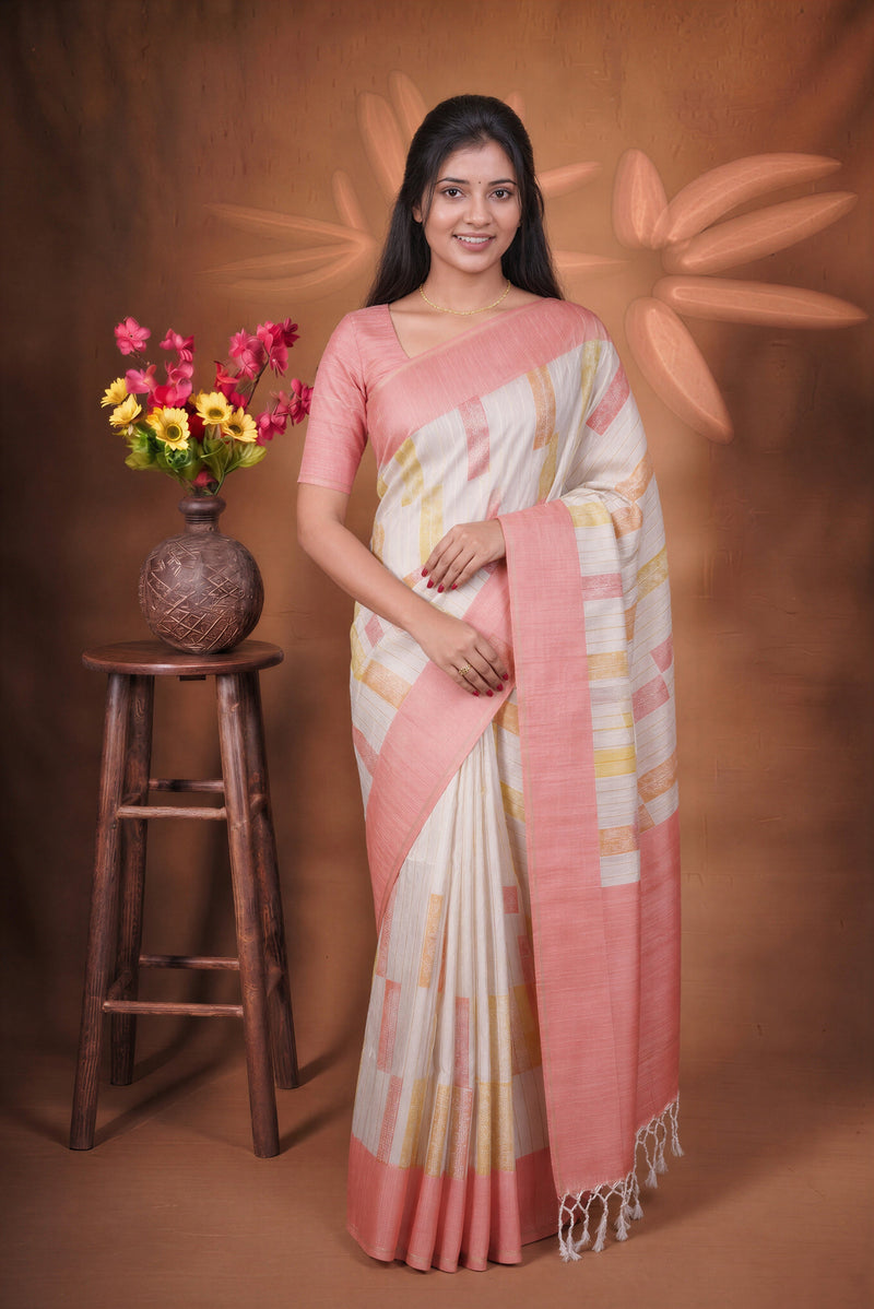Tussar Silk Saree | Ivory with Soft Rose Pink Border & Abstract Print | Casual Wear
