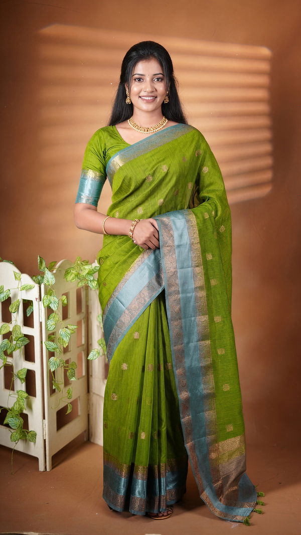 Green Kora Cotton Saree | Antique Gold Zari Border | Dry Clean Festive & Occasion Wear