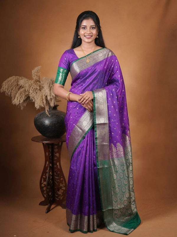 Semi Banarasi Silk Saree | Purple Gold Butti Weave with Green Contrast Border | Traditional Bridal Saree