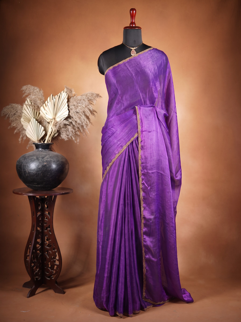 Deep Violet Space Silk Saree | Plain Silk with Gold Beaded Lace Border | Office & Festive Wea