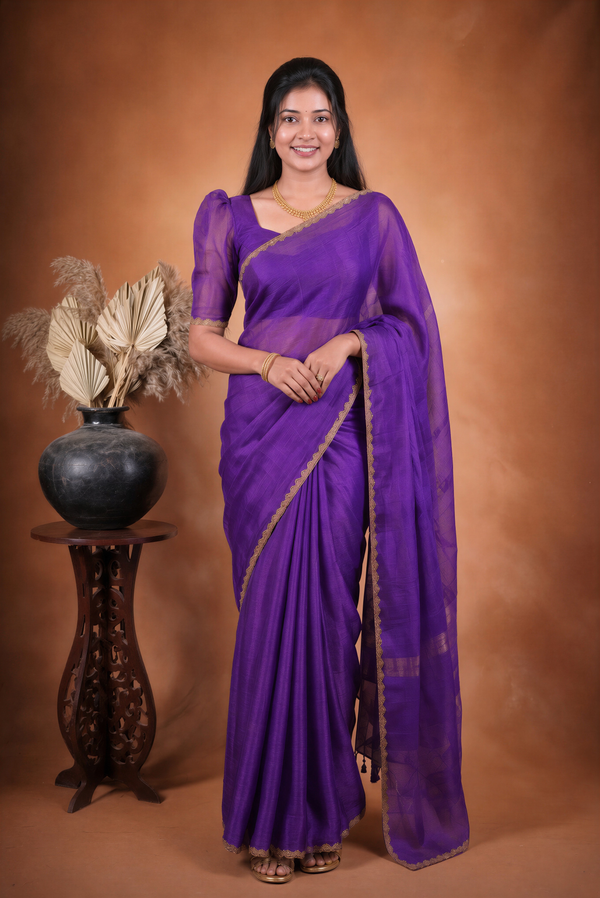 Deep Violet Space Silk Saree | Plain Silk with Gold Beaded Lace Border | Office & Festive Wea