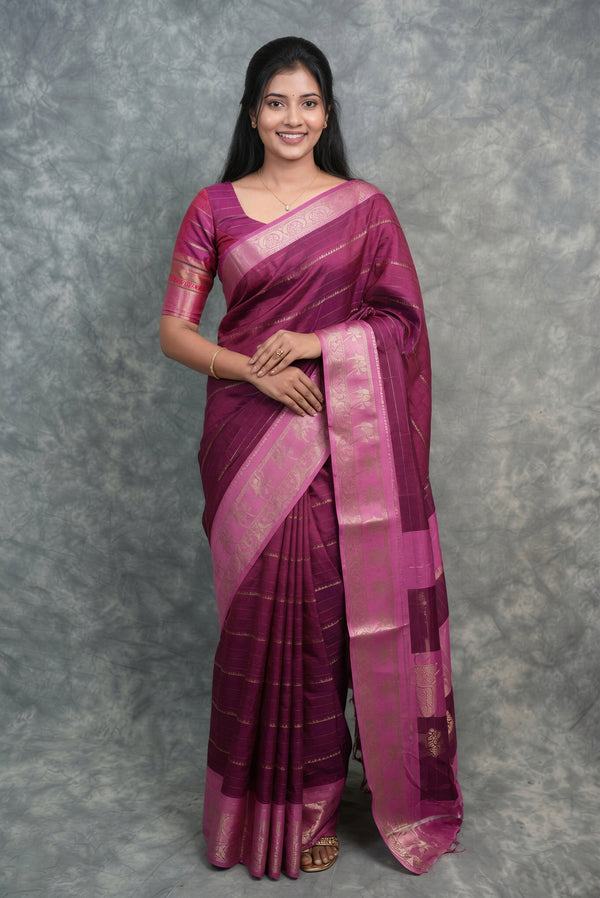 Wine Semi Mysore Silk Saree | Pink Gold Zari Border Floral Pallu | Traditional Festive Wedding Wear