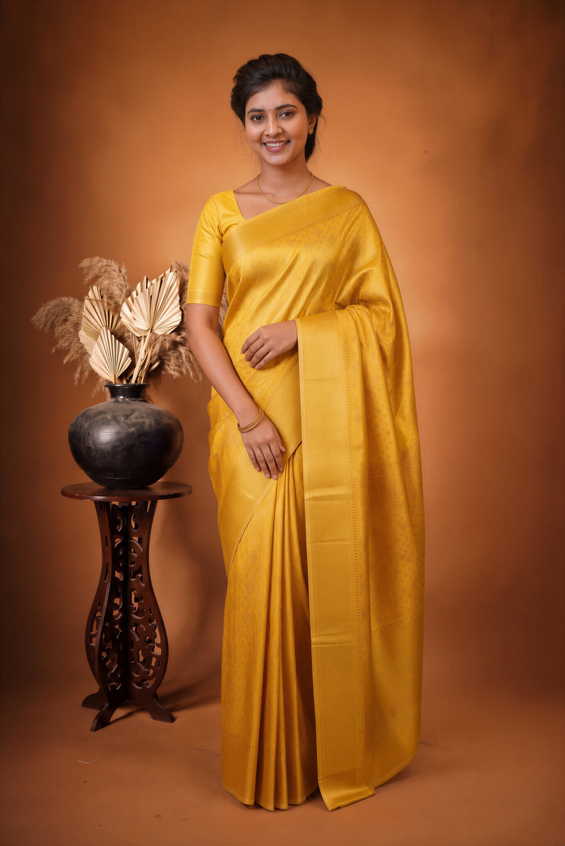 Yellow Soft Silk Saree | Tone-on-Tone Gold Zari Weave | Bridal & Festive Wear