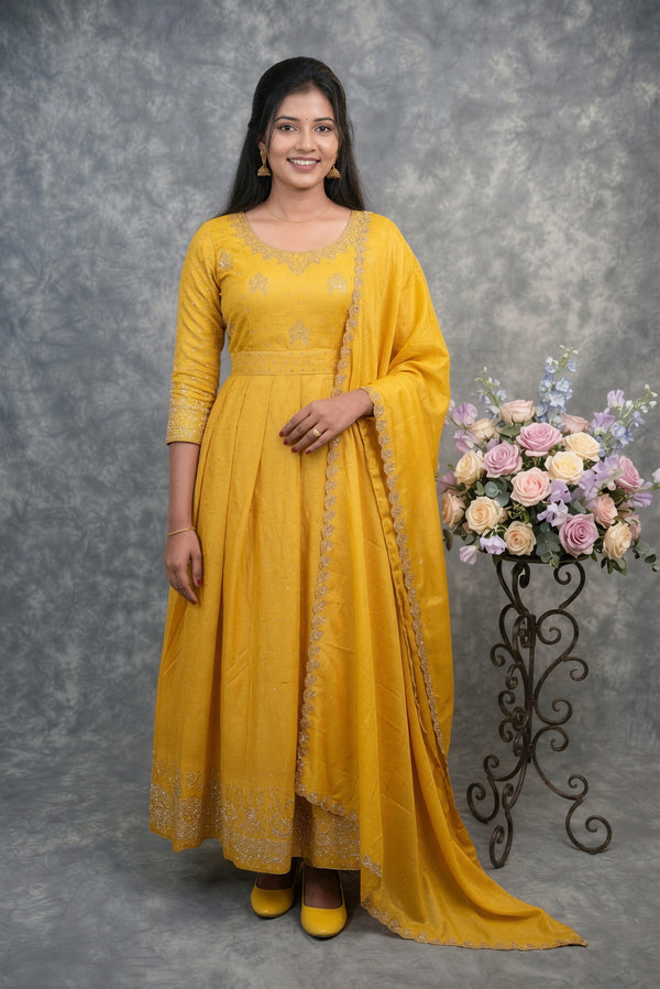 Yellow Chiffon Maxi Set | Stone Border Embellished | Festive & Party Occasion Wear