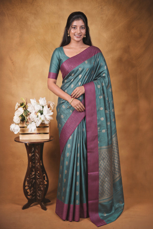 Banarasi Silk Saree | Peacock Green with Gold Buta & Zari Jaal Pallu | Traditional Wedding Saree