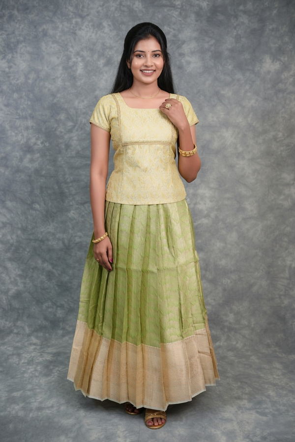 Pista Green Pattu Pavadai | Gold Zari Flower Border Silk | Festive Wedding Wear Sizes 16–24