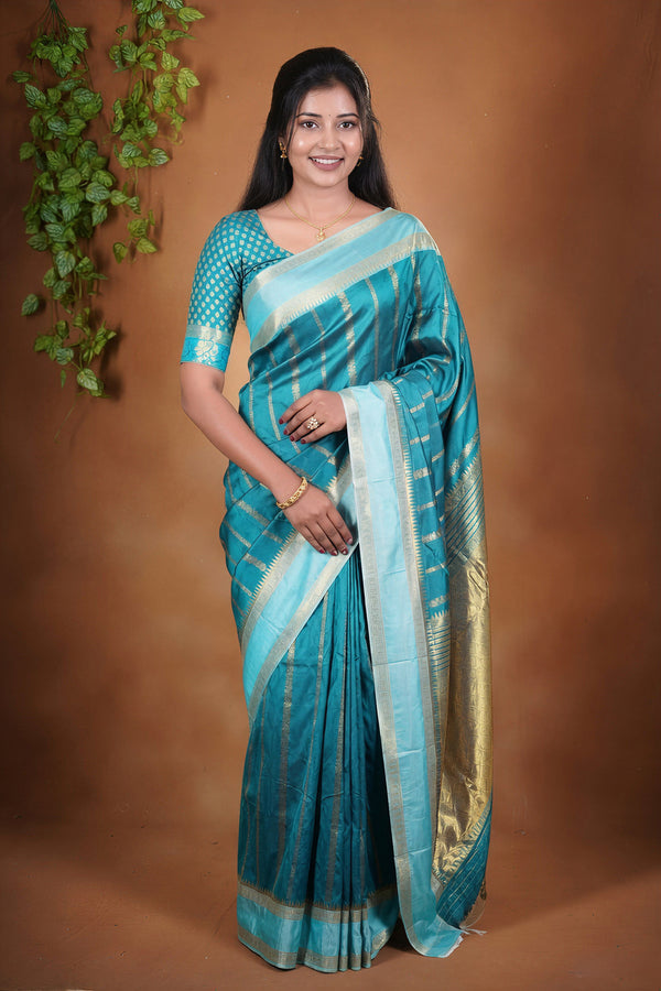 Cyan Soft Silk Saree | Gold Zari Stripe & Border | Festive Wear with Ice Blue Blouse