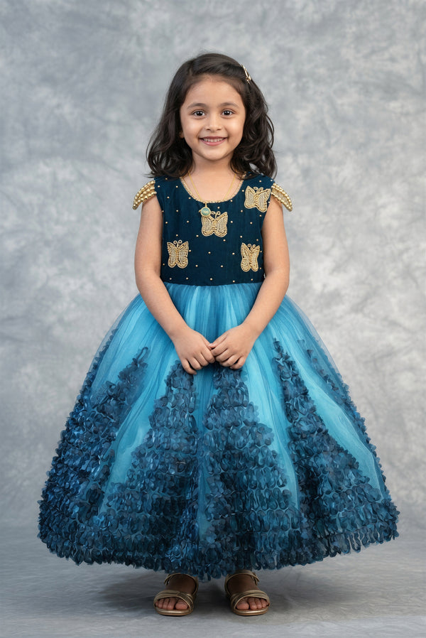 Teal Blue Baby Girl Frock 1–3 Years | Gold Butterfly Appliqué 3D Petal Skirt | Birthday Party Wear
