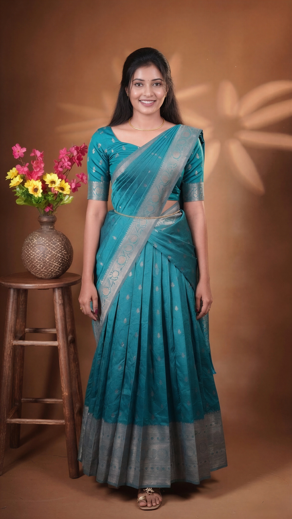 Langa Voni Half Saree | Teal with Silver Zari Border | South Indian Function & Festive Wear