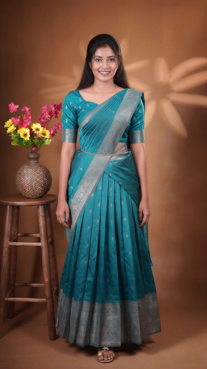 Langa Voni Half Saree | Teal with Silver Zari Border | South Indian Function & Festive Wear
