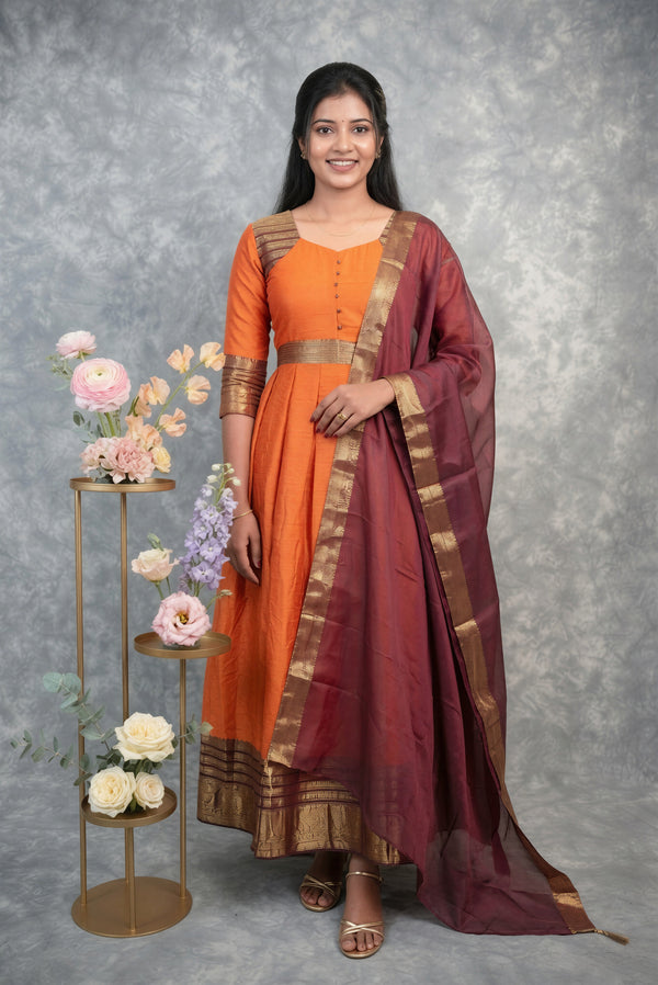 Burnt Orange Cotton Maxi Set | Breathable Fabric Plain Border | Casual & Festive Wear