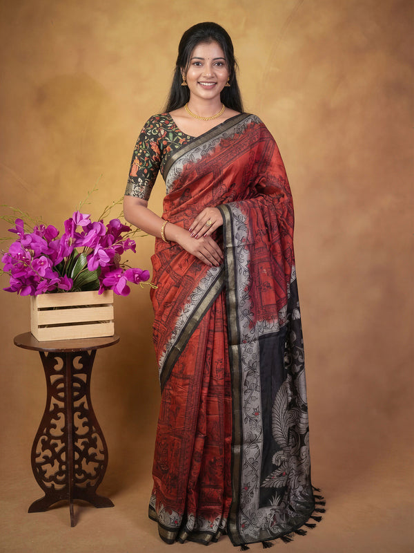 Rust Red Chanderi Cotton Saree | Kalamkari Mural Print with Peacock Pallu |Traditional Wear