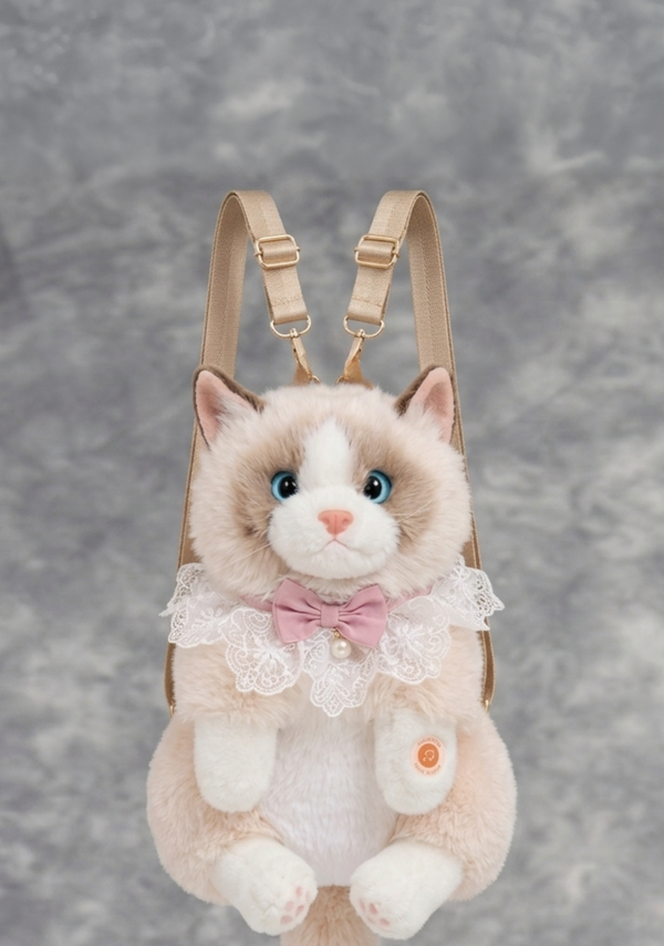 Plush cat-shaped backpack with a bow tie on a gray background