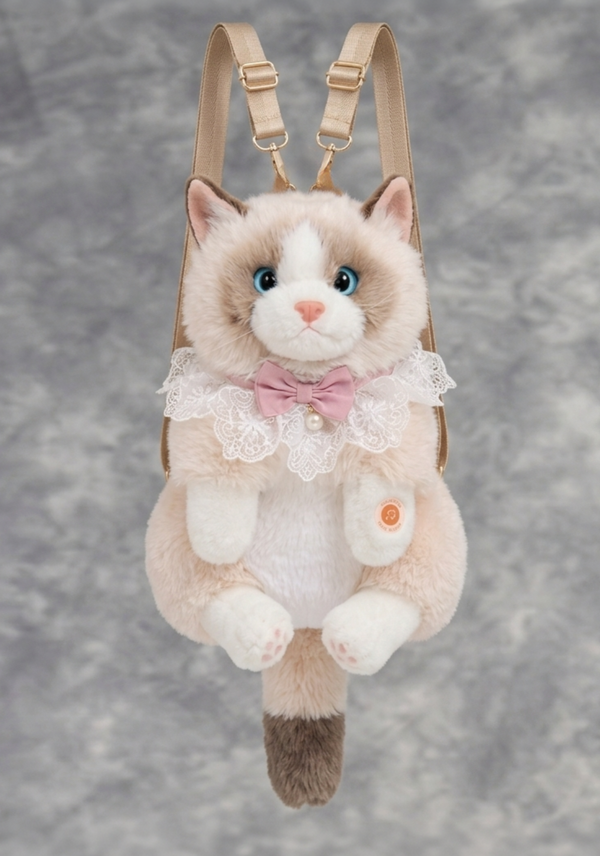 Plush cat-shaped backpack with a bow tie on a gray background