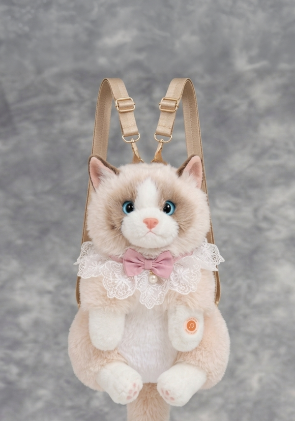 Plush cat-shaped backpack with a bow tie on a gray background