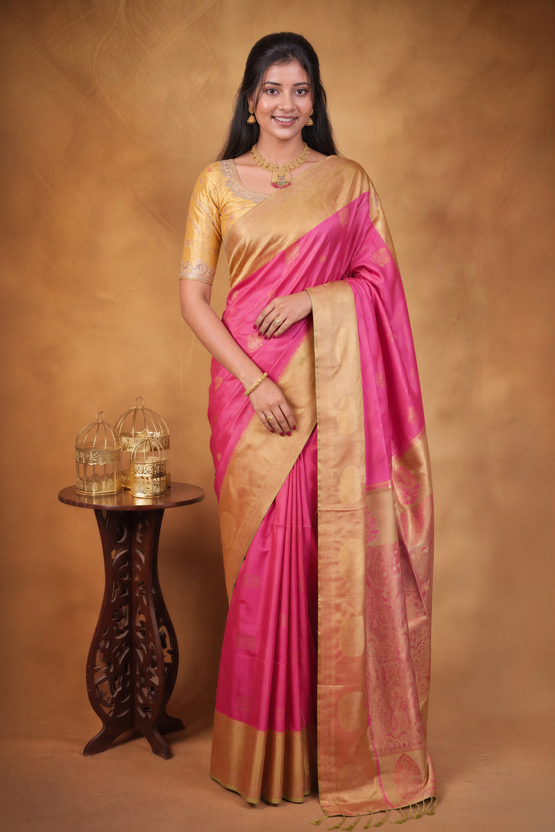 Mayuri Silk Saree | Rani Pink with Antique Gold Zari Border | Wedding & Festive Wear