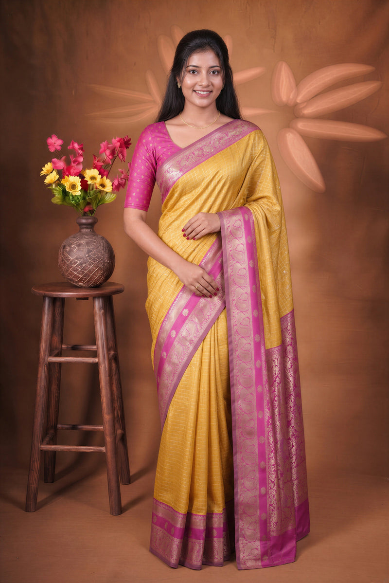 Cotton Saree | Mustard Gold with Magenta Pink Zari Border | Traditional Festive Wear