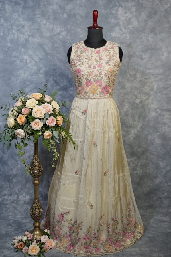 Ivory Blossom Silk Anarkali Set 