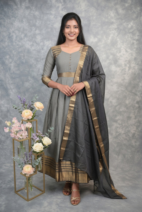 Dark Grey Cotton Maxi Set | Relaxed Fit Plain Border | Everyday Casual & Office Wear