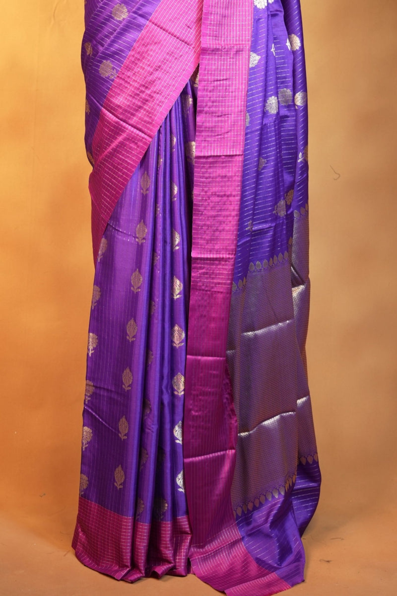 Banarasi Silk Saree | Violet with Magenta Zari Pallu | Traditional Wedding Saree