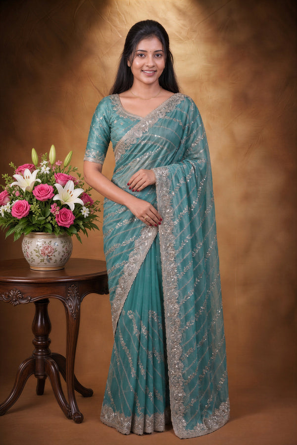 Designer Twill Net Saree | Teal Green with Silver Sequin Embroidery & Scalloped Border | Party Wear