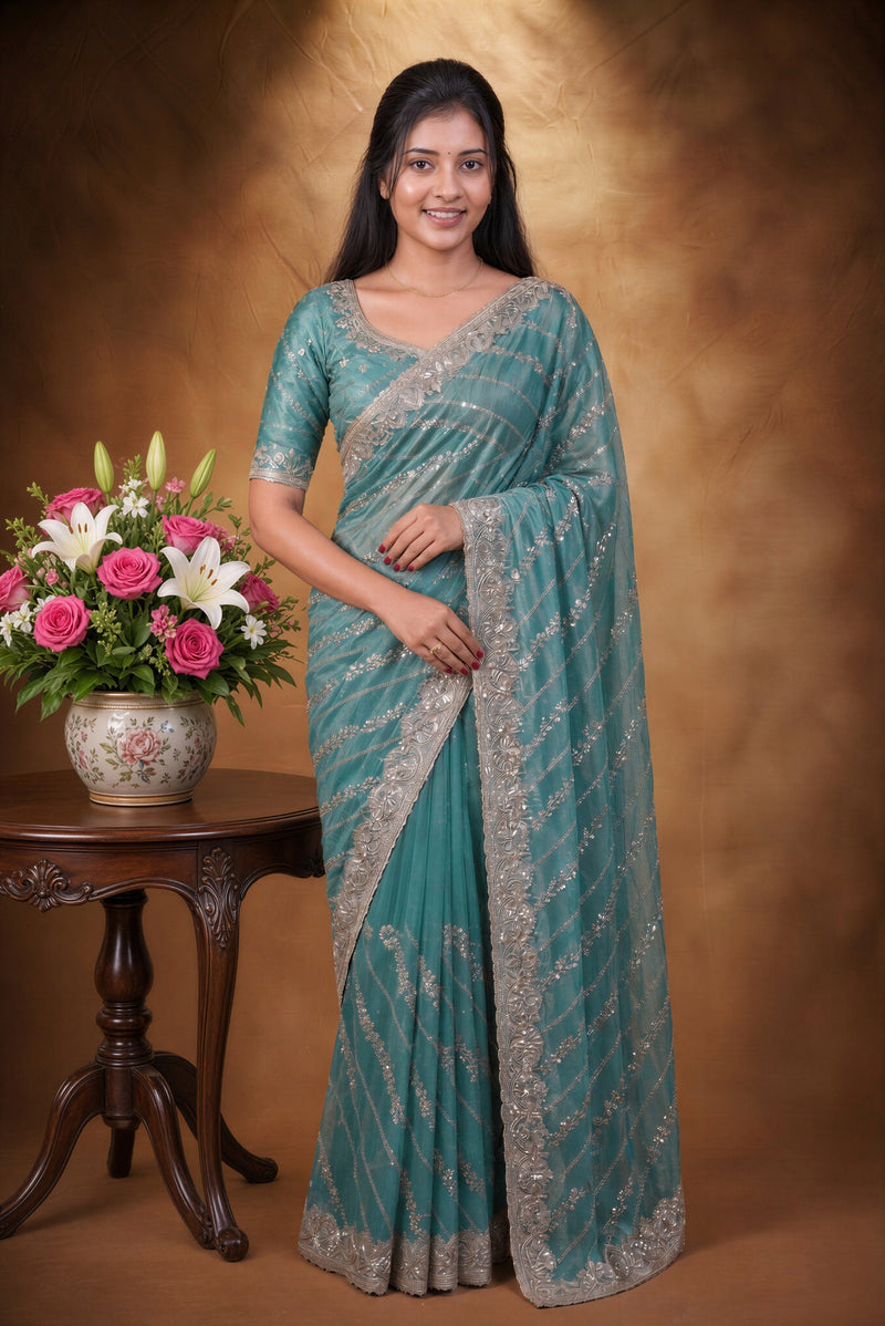 Designer Twill Net Saree | Teal Green with Silver Sequin Embroidery & Scalloped Border | Party Wear