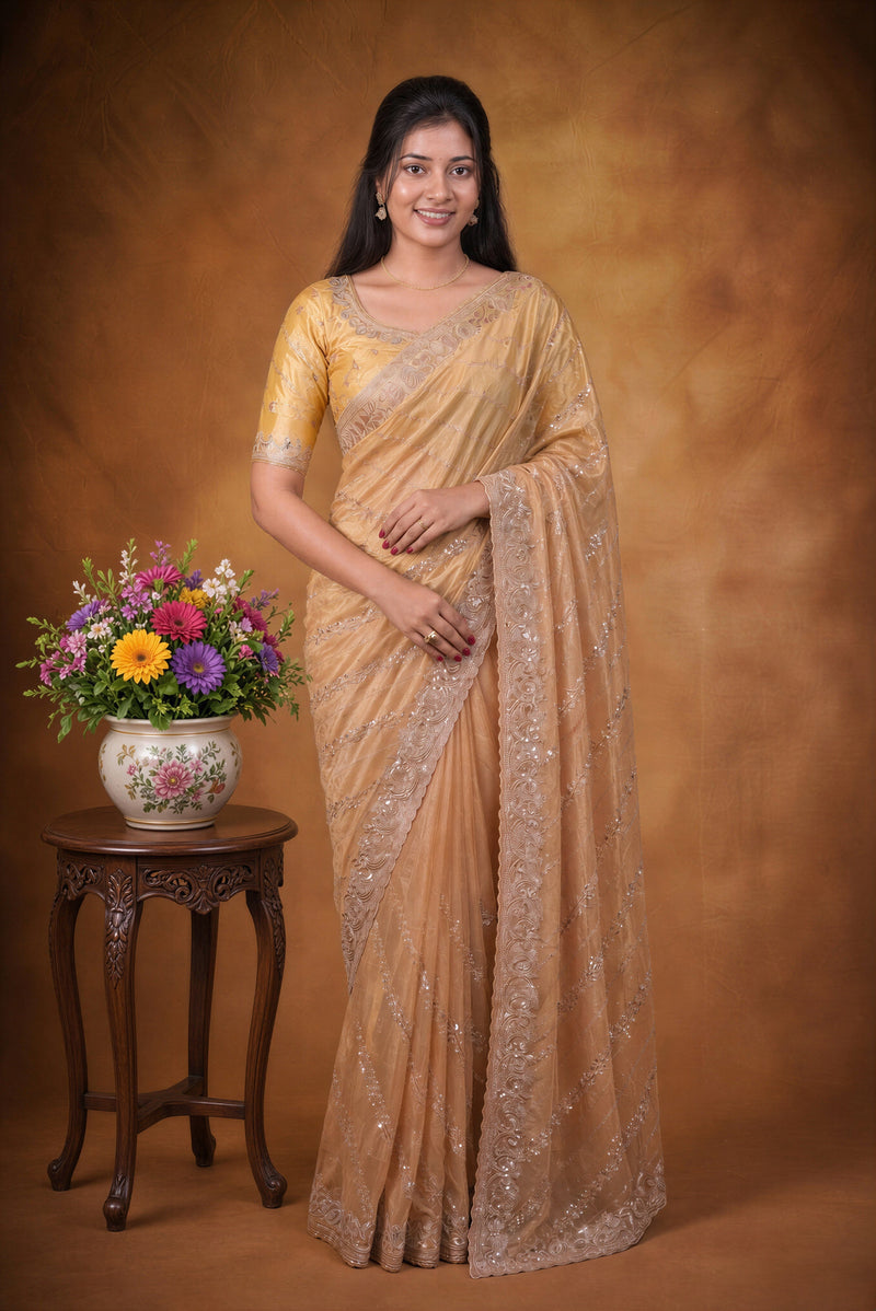 Gold Designer Saree | Diagonal Sequin Work with Heavy Embroidered Border | Wedding Reception