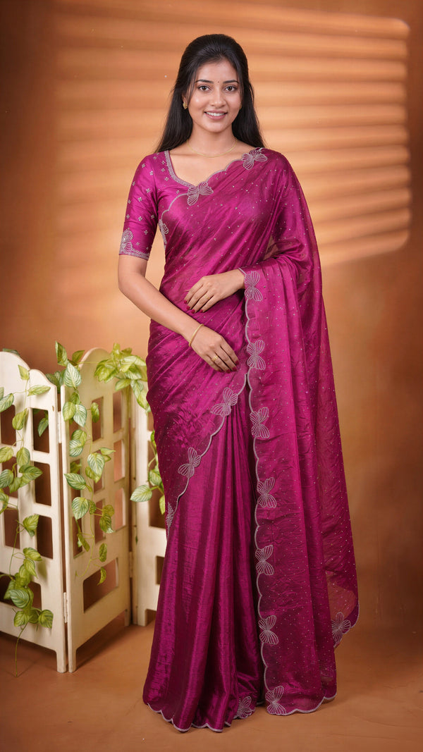 Purple Designer Saree | Shimmer Finish with Scattered Stones & Butterfly Border | Cocktail Wear