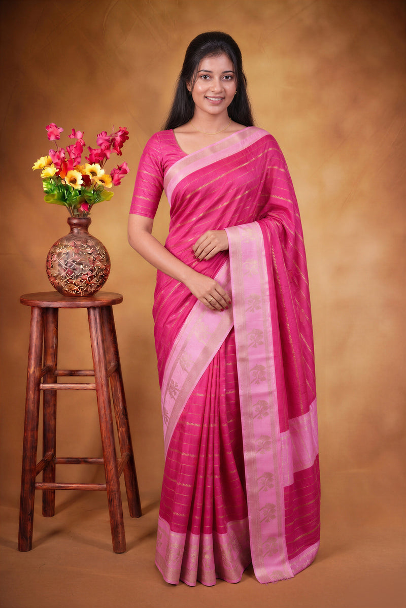 Dola Cotton Saree | Rani Pink with Light Pink Golden Floral Border | Casual & Festive Wear