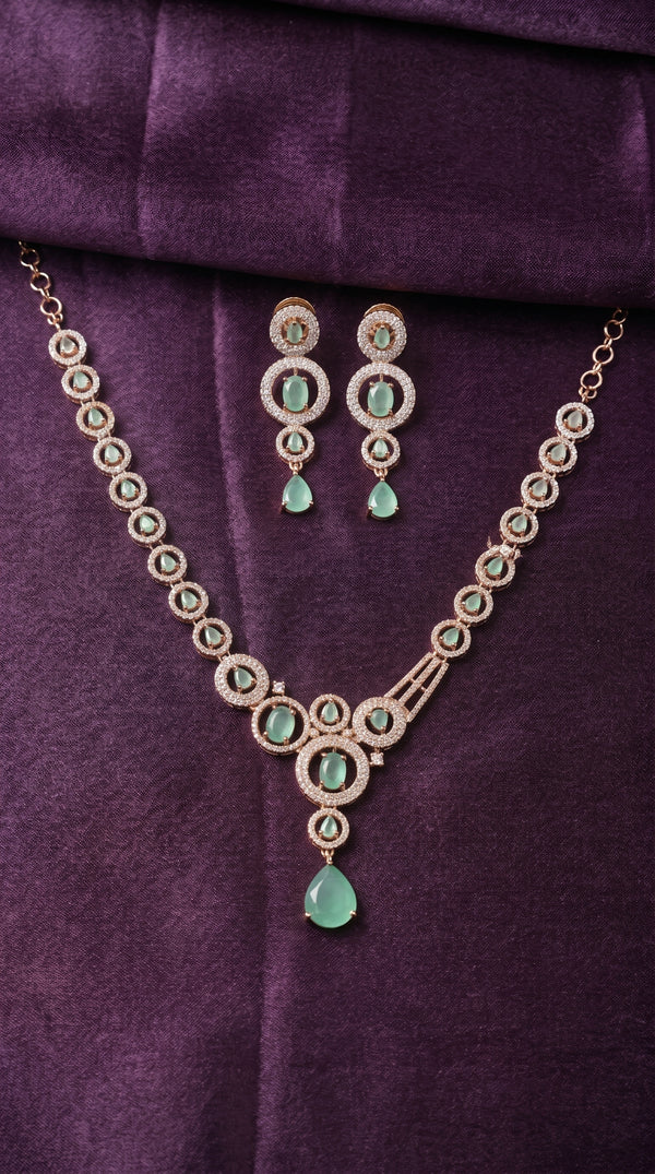 CZ Pave Mint Green Teardrop Necklace Set | CZ Floral Scroll Chain Square Cabochon Links & Matching Flower Stud Teardrop Earrings