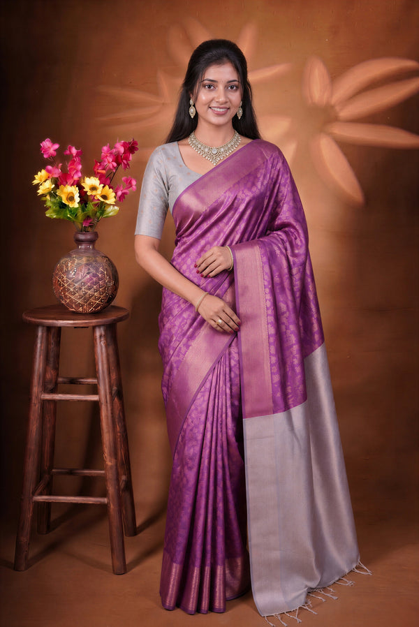 Fancy Cotton Saree | Magenta Purple with Silver Lavender Pallu & Zari Weave | Festive Wear