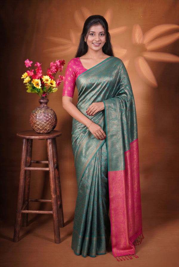 Fancy Cotton Saree | Sea Green Self-Weave with Bright Pink Paisley Pallu | Traditional Wear
