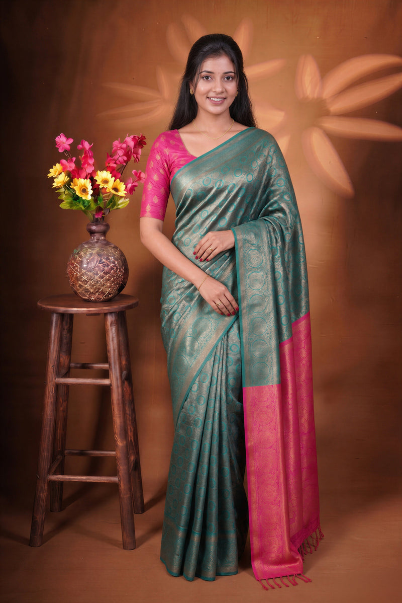 Fancy Cotton Saree | Sea Green Self-Weave with Bright Pink Paisley Pallu | Traditional Wear