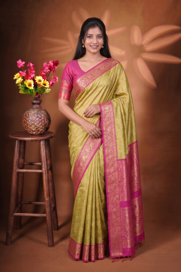 Fancy Cotton Saree | Lime Green with Magenta Pink Pallu & Paisley Weave | Festive Wear