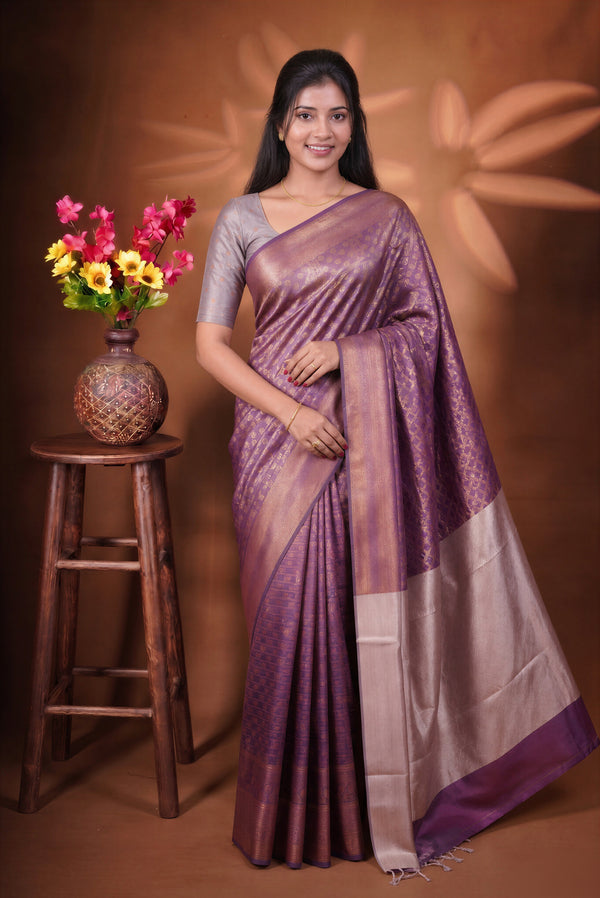 Fancy Cotton Saree | Mauve Purple with Rose Gold Pallu & Zari Checkered Weave | Festive Wear