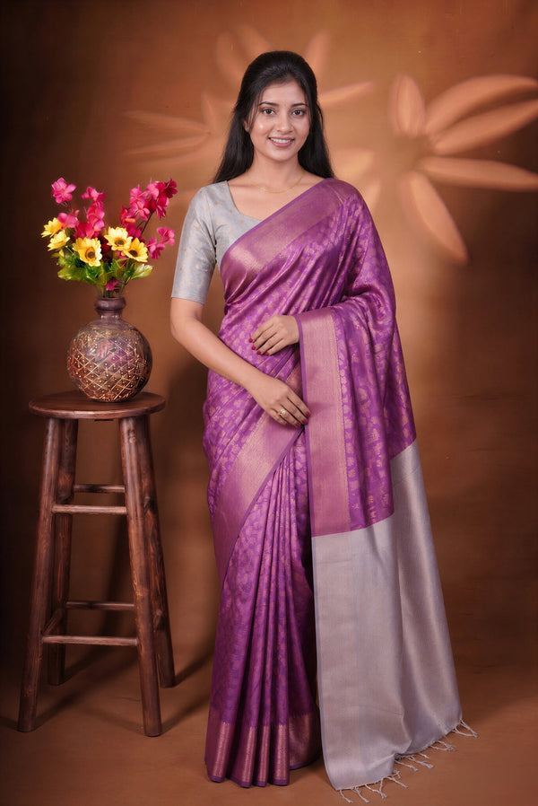 Fancy Cotton Saree | Magenta Purple with Silver Lavender Pallu & Zari Weave | Festive Wear