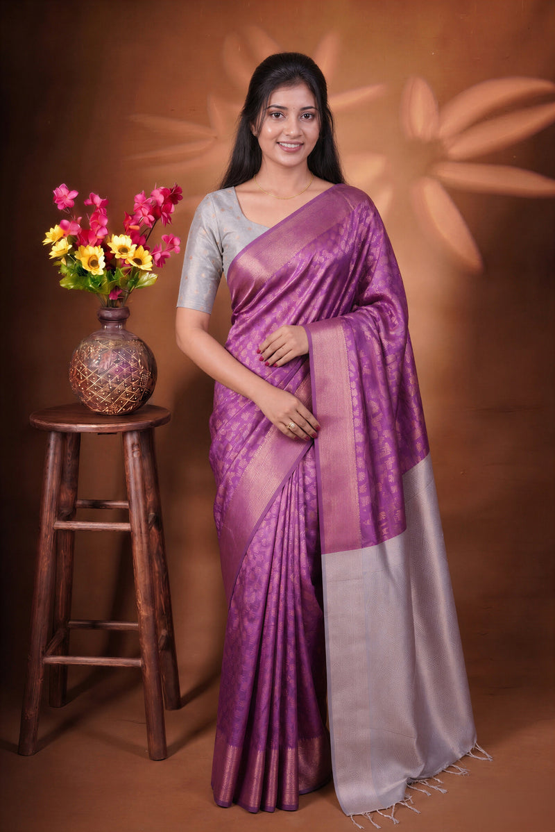 Fancy Cotton Saree | Magenta Purple with Silver Lavender Pallu & Zari Weave | Festive Wear