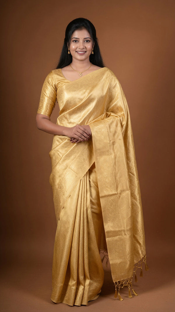 Jacquard silk saree - ivopry gold perimum tissues silk blend situation metallic sliver zari work through out the saree and paired with contract blouse