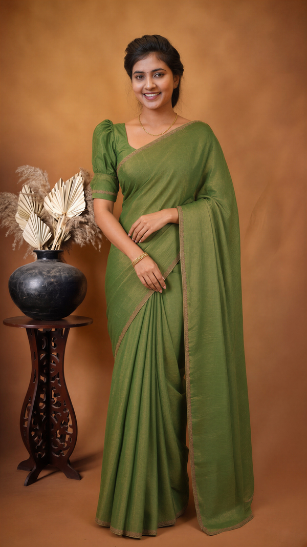 Plain Olive Green Space Silk Saree | Golden Lace Trim | Casual & Festive Wear