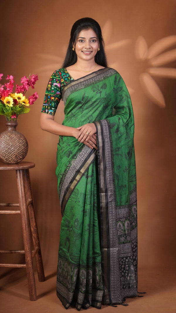 Green Chanderi Cotton Saree | Madhubani Forest Print with Sequin Work | Ethnic Festive Wear