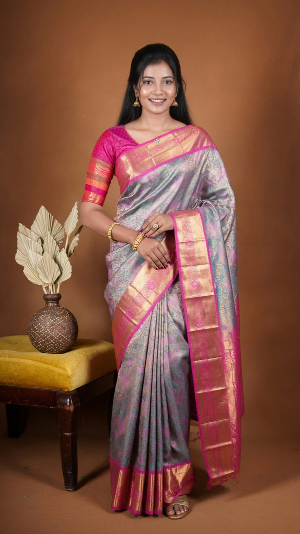 Grey Silver Art Silk Saree | Pink Gold Zari Border | Festive & Designer Occasion Wear